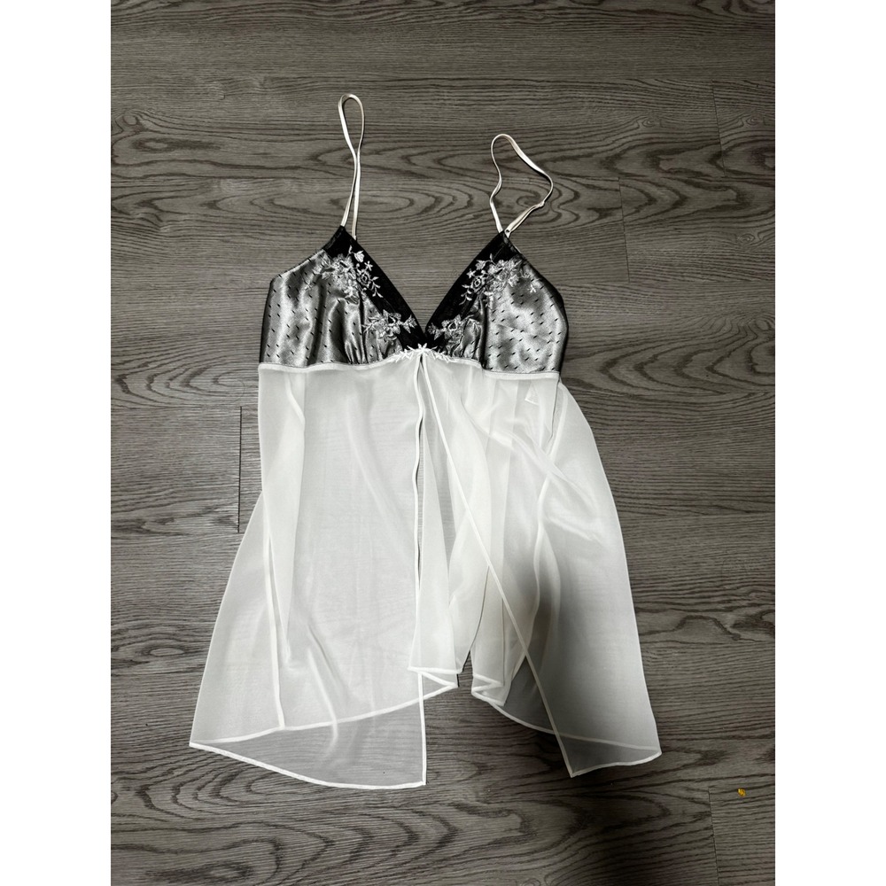 Vintage Valerie Stevens Women L White Floral Sheer‎ Babydoll Chemise Lingerie
